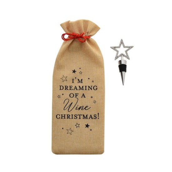 Christmas Bottle Bag with Stopper - I'm Dreaming of a Wine Christmas
