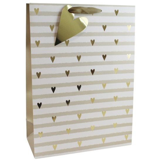 Gift Bag Extra Large : Gold and White Hearts and Stripes (DELIVERY TO EU ONLY)