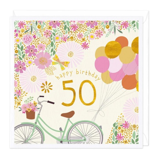 Whistlefish Card - Bike and Balloons 50th Birthday Card (DELIVERY TO EU ONLY)
