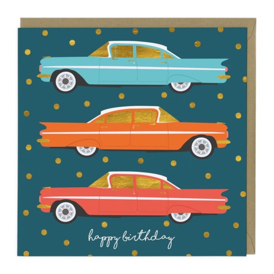 Whistlefish Card - Golden Retro Cars Birthday Card (DELIVERY TO EU ONLY)