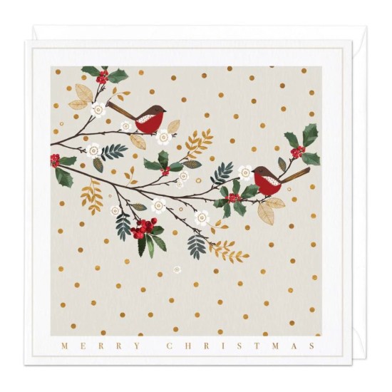 Whistlefish Card - Merry Christmas Robin on Branch in Gold Snow Card (DELIVERY TO EU ONLY)
