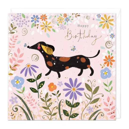 Whistlefish Card - Sausage Dog In The Flowers Birthday Card