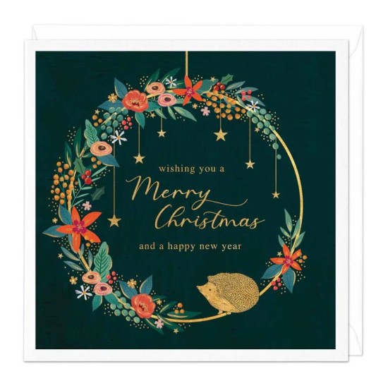 Whistlefish Card - Wishing You a Merry Christmas and a Happy New Year Hedgehog Wreath Card (DELIVERY TO EU ONLY)