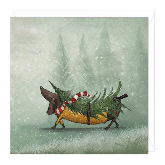 Whistlefish Christmas Card - Sausage Dog and Tree (DELIVERY TO EU ONLY)