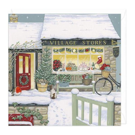 Whistlefish Christmas Card - Dog outside Village Store (DELIVERY TO EU ONLY)